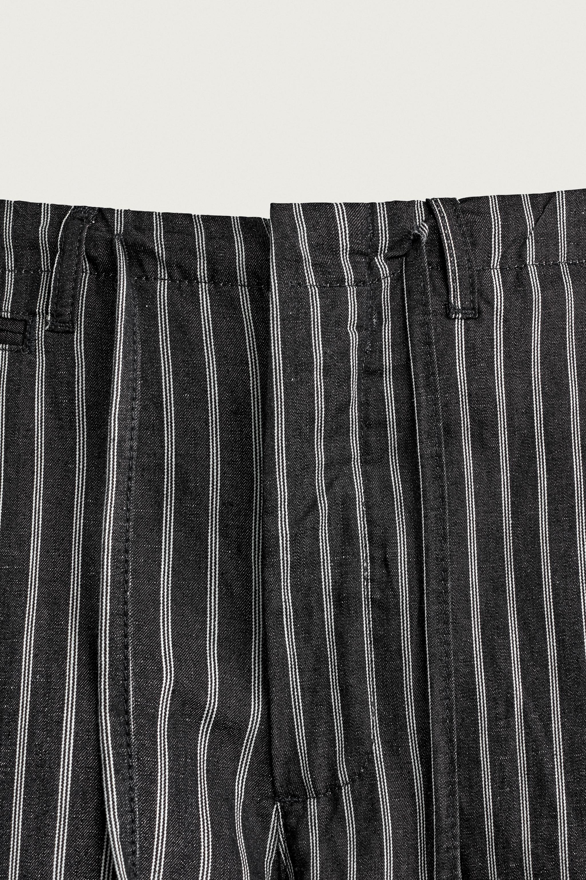 STRIPED COTTON-LINEN DENIM PANTS